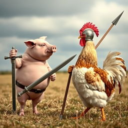 A whimsical confrontation between a pig and a chicken, where the pig is slightly taller than the chicken