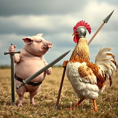A whimsical confrontation between a pig and a chicken, where the pig is slightly taller than the chicken