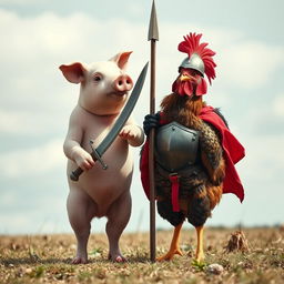 A whimsical confrontation between a pig and a chicken, where the pig is slightly taller than the chicken