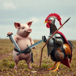 A whimsical confrontation between a pig and a chicken, where the pig is slightly taller than the chicken