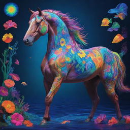 An animated horse at the depths of the neon-lit ocean, surrounded by vibrant aquatic life, dipped in an array of psychedelic LSD colors