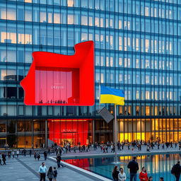 A contemporary office building with a modern glass facade, featuring an impressive multi-story opening whose walls are shaped to depict the contours of the map of Ukraine