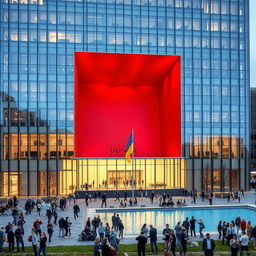 A contemporary office building with a modern glass facade, featuring an impressive multi-story opening whose walls are shaped to depict the contours of the map of Ukraine