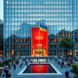 A contemporary office building with a modern glass facade, featuring an impressive multi-story opening whose walls are shaped to depict the contours of the map of Ukraine
