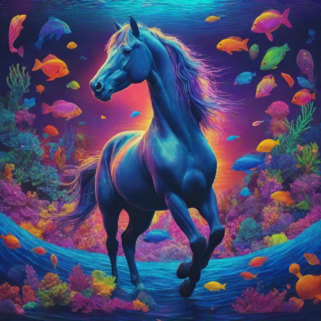 An animated horse at the depths of the neon-lit ocean, surrounded by vibrant aquatic life, dipped in an array of psychedelic LSD colors