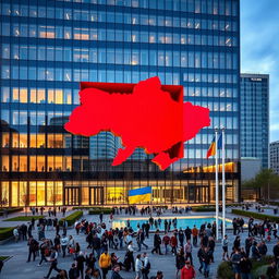 An office building showcasing a modern glass facade, with a multi-story through-opening whose walls perfectly outline the map of Ukraine