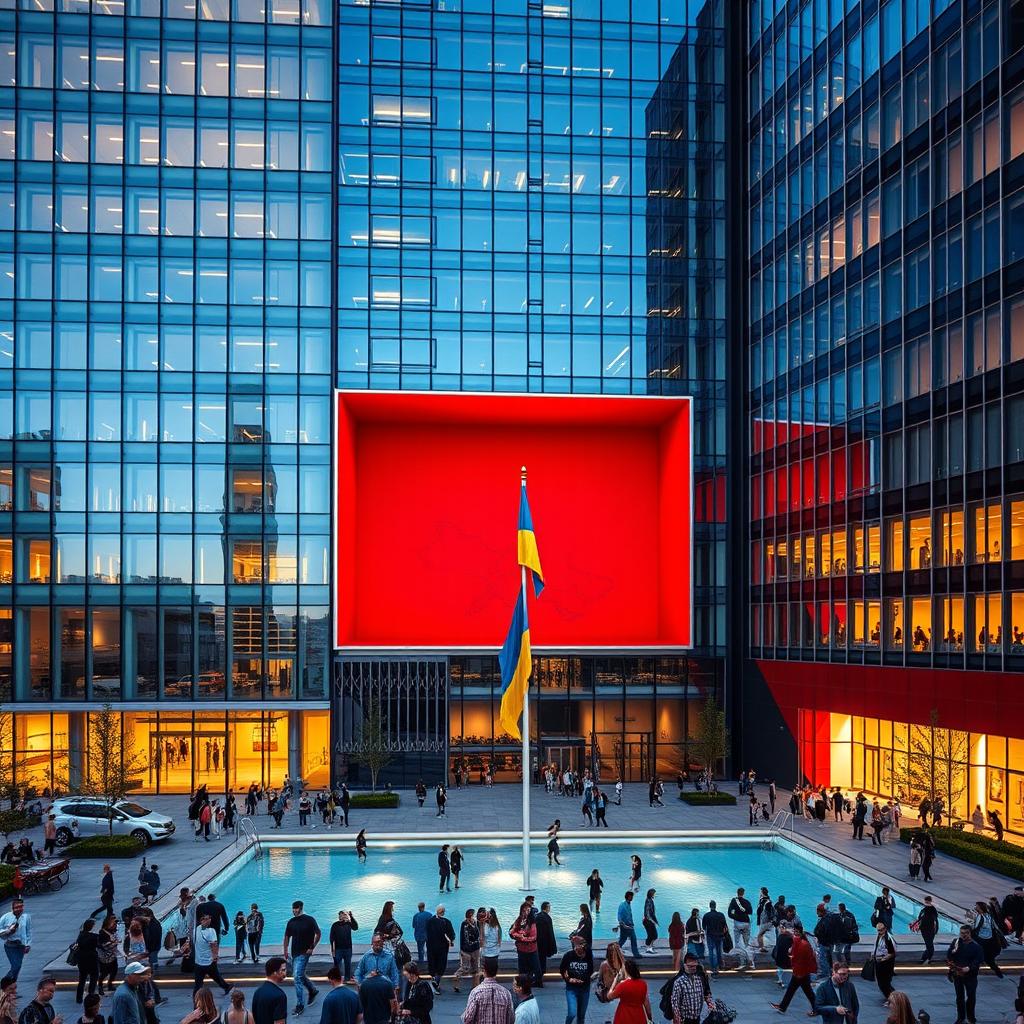 An office building showcasing a modern glass facade, with a multi-story through-opening whose walls perfectly outline the map of Ukraine