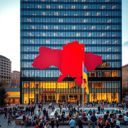 An office building showcasing a modern glass facade, with a multi-story through-opening whose walls perfectly outline the map of Ukraine