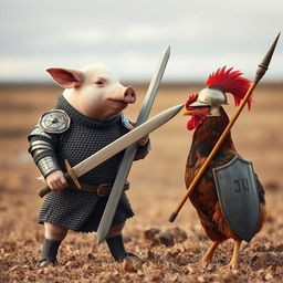 A whimsical confrontation between a pig and a chicken, where the pig is slightly taller than the chicken