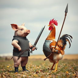 A whimsical confrontation between a pig and a chicken, where the pig is slightly taller than the chicken