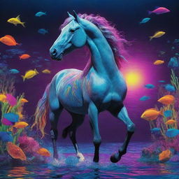 An animated horse at the depths of the neon-lit ocean, surrounded by vibrant aquatic life, dipped in an array of psychedelic LSD colors