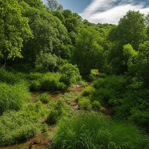 A breathtaking landscape brimming with lush green vegetation, a clear blue sky, babbling brook and a variety of vibrant wildlife interacting within their natural habitat.