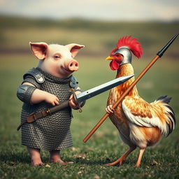 A whimsical confrontation between a pig and a chicken, where the pig is slightly taller than the chicken