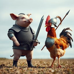 A whimsical confrontation between a pig and a chicken, where the pig is slightly taller than the chicken