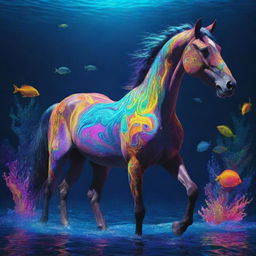 An animated horse at the depths of the neon-lit ocean, surrounded by vibrant aquatic life, dipped in an array of psychedelic LSD colors