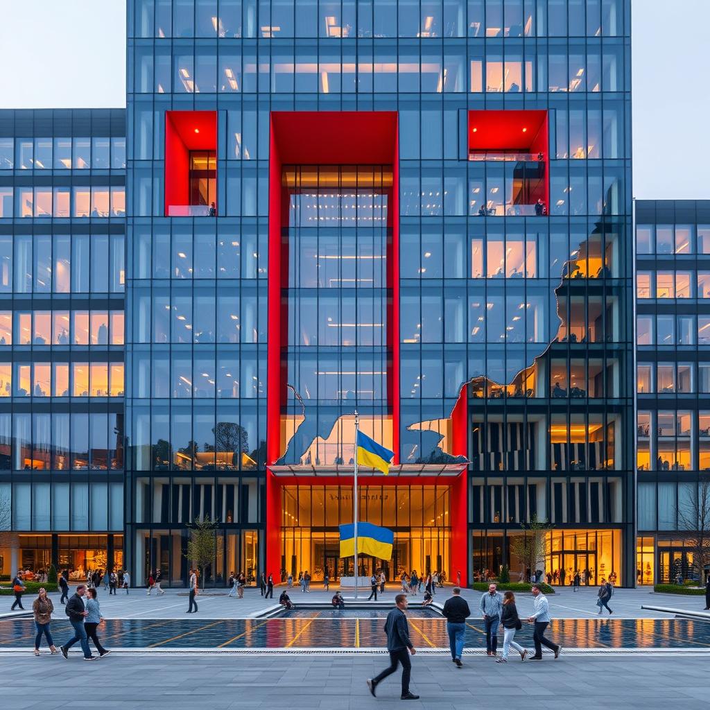 A modern office building with a sleek glass facade, featuring a striking multi-story through-opening