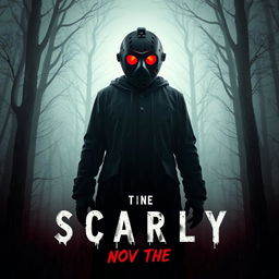 A poster for a scary movie featuring a creepy maniac standing in a gloomy forest shrouded in fog