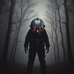 A poster for a scary movie featuring a creepy maniac standing in a gloomy forest shrouded in fog