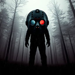 A poster for a scary movie featuring a creepy maniac standing in a gloomy forest shrouded in fog