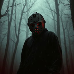 A poster for a scary movie featuring a creepy maniac standing in a gloomy forest shrouded in fog