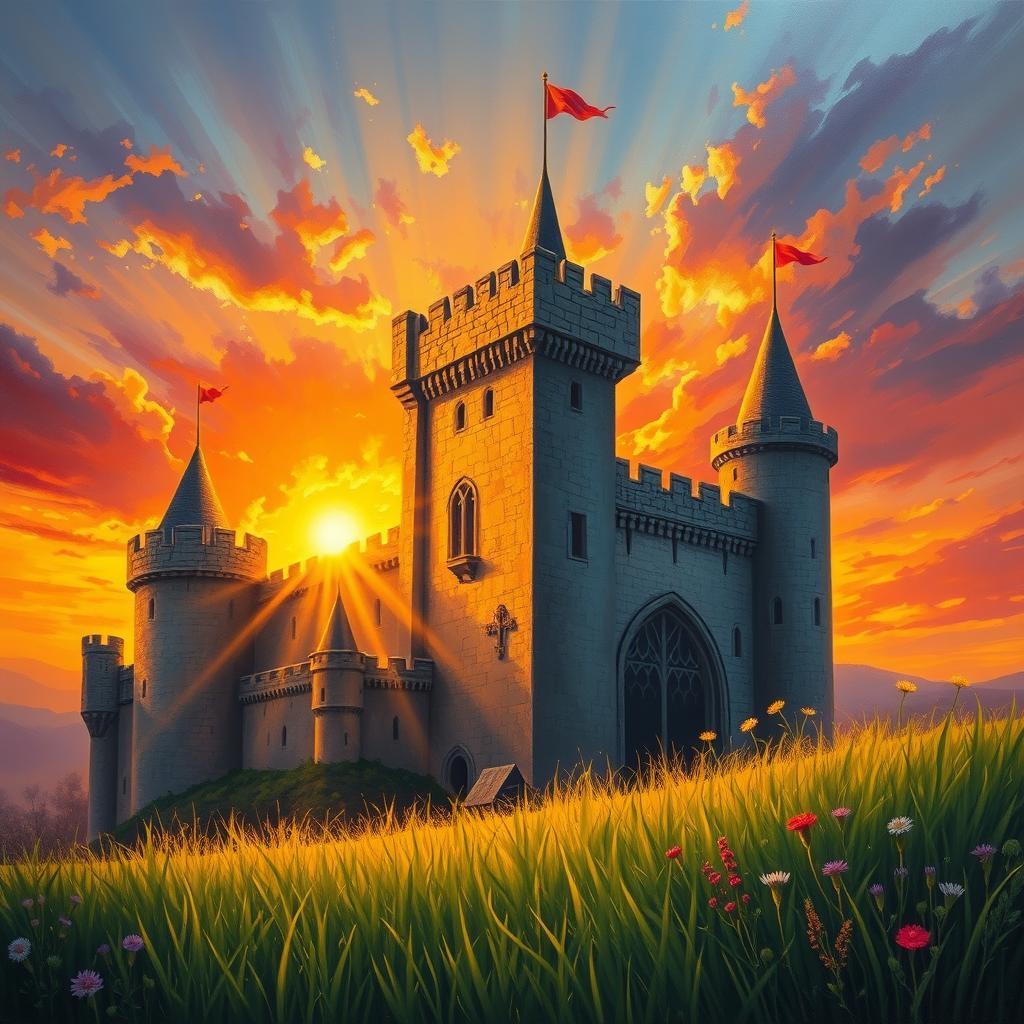 A majestic medieval castle standing tall against a vibrant sunset