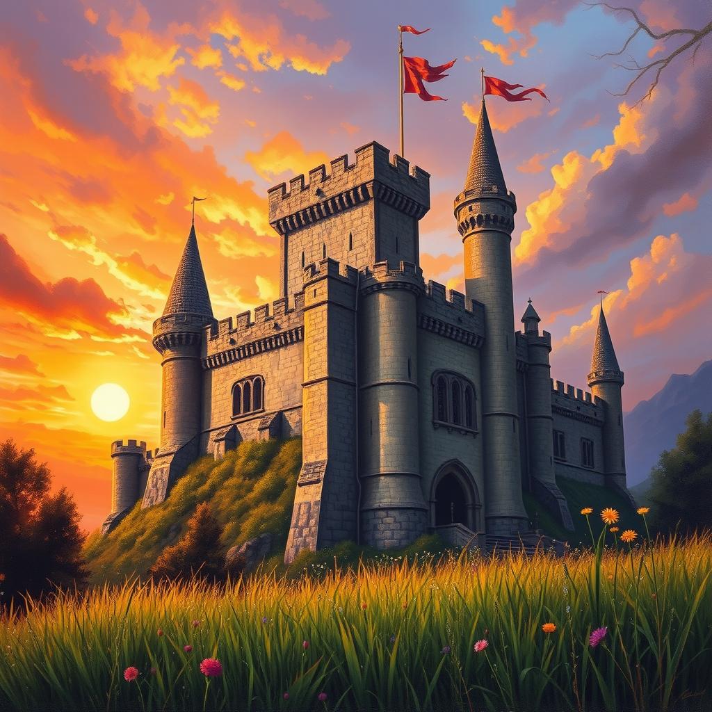 A majestic medieval castle standing tall against a vibrant sunset