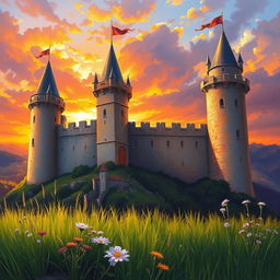 A majestic medieval castle standing tall against a vibrant sunset