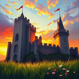 A majestic medieval castle standing tall against a vibrant sunset