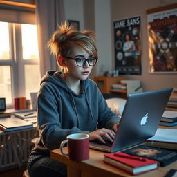 A college-aged female student at her laptop, capturing a moment of focused study