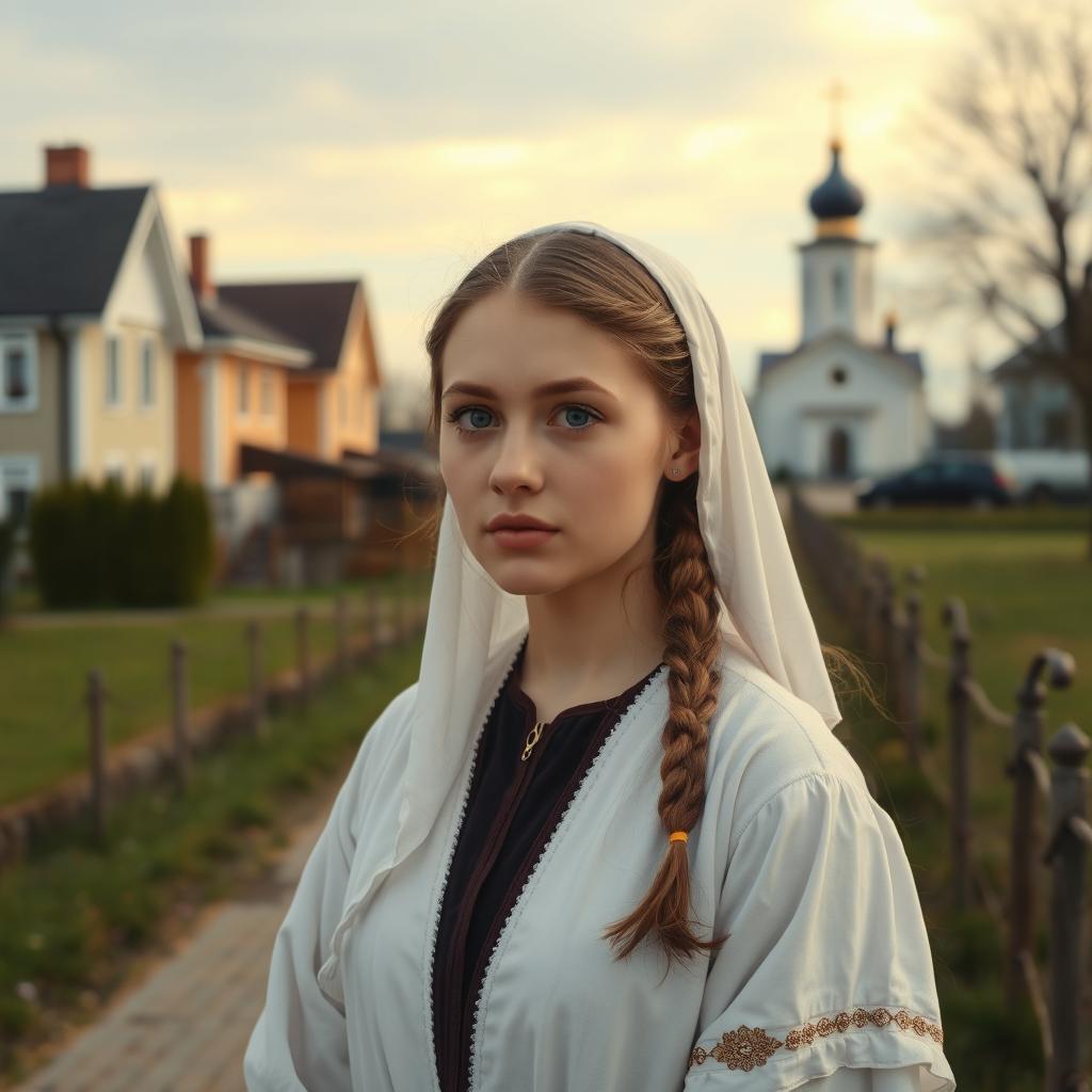 A beautiful young Orthodox woman in a suburban Russian setting