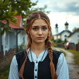 A beautiful young Orthodox woman in a suburban Russian setting