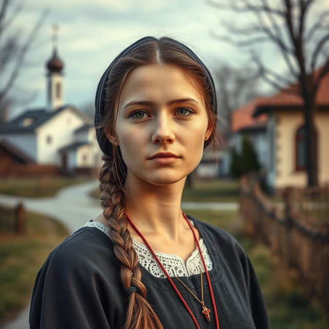 A beautiful young Orthodox woman in a suburban Russian setting