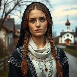 A beautiful young Orthodox woman in a suburban Russian setting