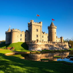 A grand medieval castle set against a clear blue sky, showcasing its impressive towers and fortified walls