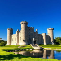 A grand medieval castle set against a clear blue sky, showcasing its impressive towers and fortified walls