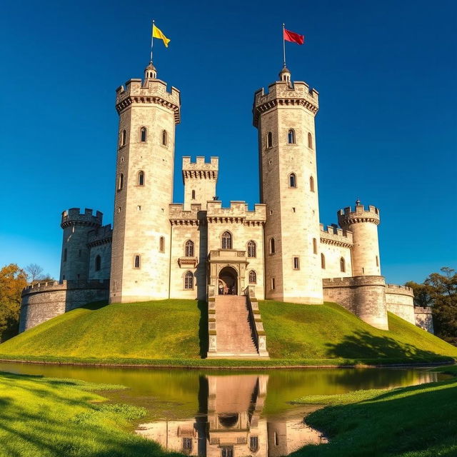 A grand medieval castle set against a clear blue sky, showcasing its impressive towers and fortified walls