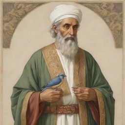 Illustration of Prophet Solomon, wearing traditional attire, his wisdom and serenity portrayed through his calm expression. In his right hand, he gently holds a beautifully detailed bird.