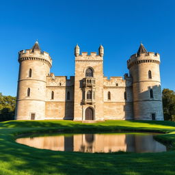 A grand medieval castle set against a clear blue sky, showcasing its impressive towers and fortified walls