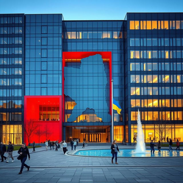 A modern office building with a sleek glass facade, featuring a distinctive multi-story opening shaped like the map of Ukraine