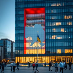 A modern office building with a sleek glass facade, featuring a distinctive multi-story opening shaped like the map of Ukraine