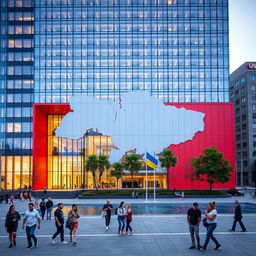 A modern office building with a sleek glass facade, featuring a distinctive multi-story opening shaped like the map of Ukraine