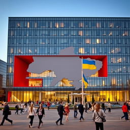 A modern office building with a sleek glass facade, featuring a distinctive multi-story opening shaped like the map of Ukraine