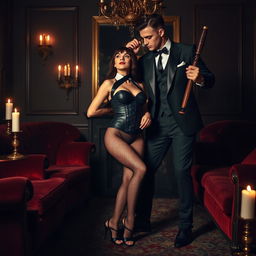 A sophisticated BDSM scene in an opulent room with plush velvet furnishings and dim, moody lighting