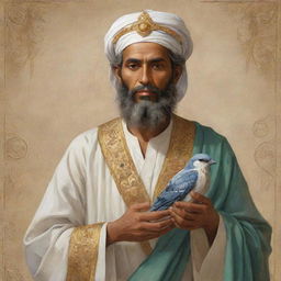 Illustration of Prophet Solomon, wearing traditional attire, his wisdom and serenity portrayed through his calm expression. In his right hand, he gently holds a beautifully detailed bird.