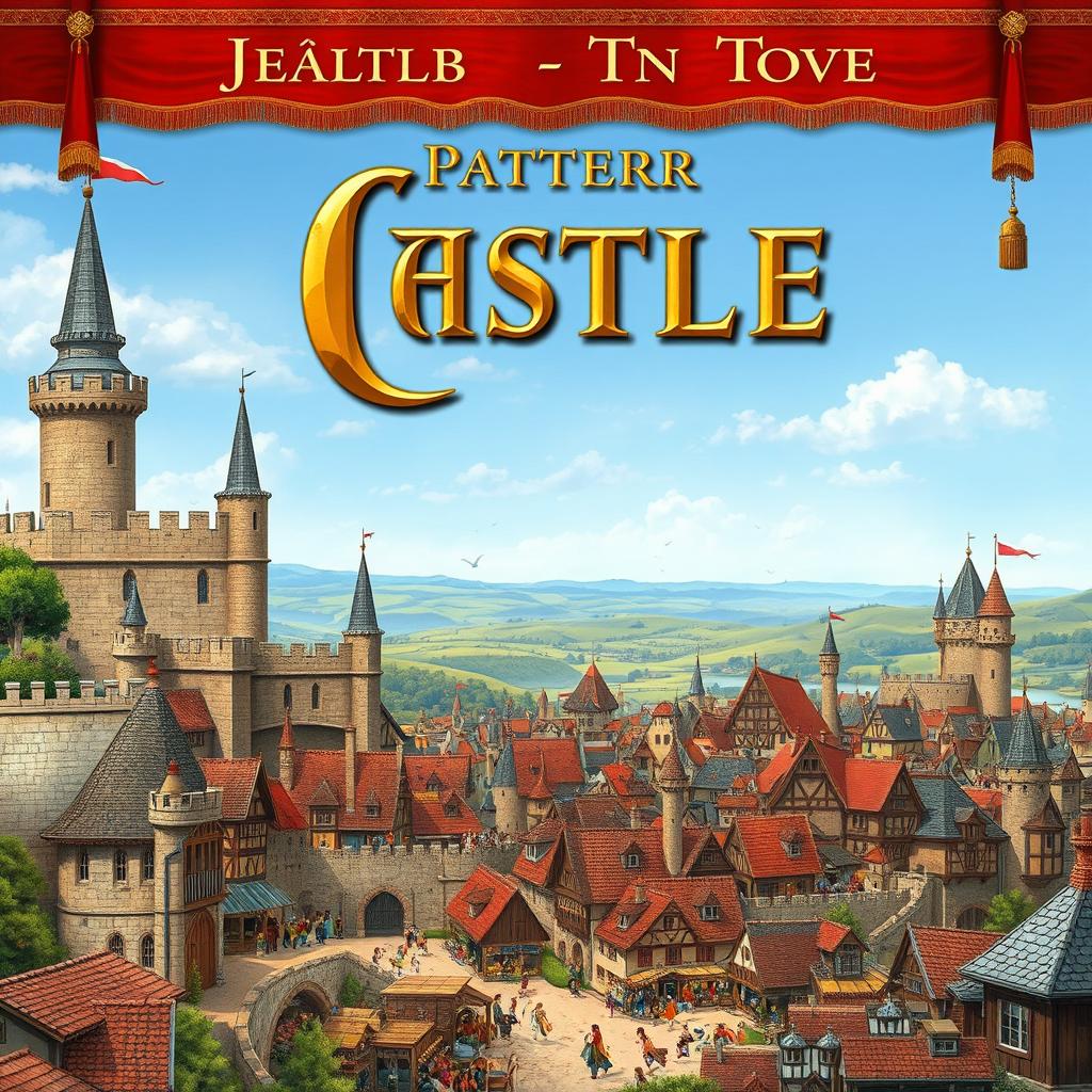 A sprawling medieval castle city depicted with detailed structures and bustling medieval life