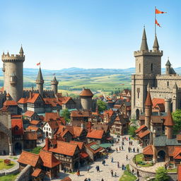 A sprawling medieval castle city depicted with detailed structures and bustling medieval life