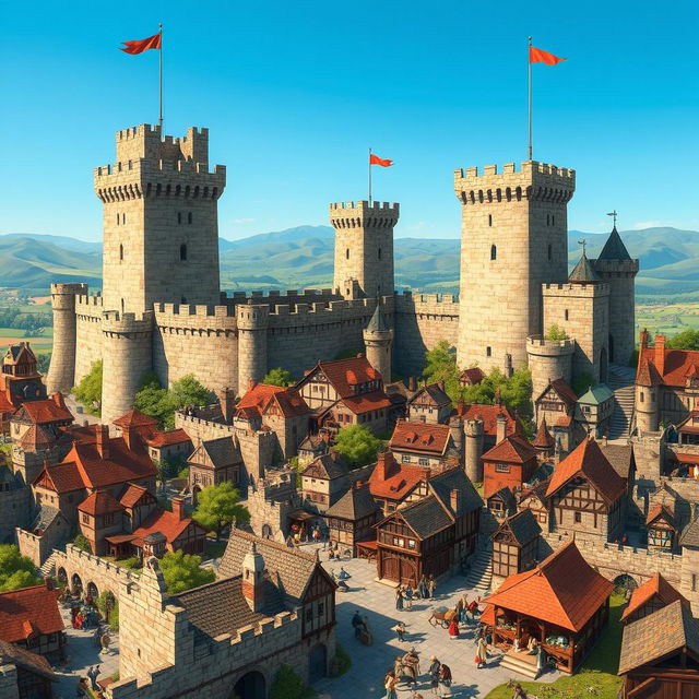 A sprawling medieval castle city depicted with detailed structures and bustling medieval life