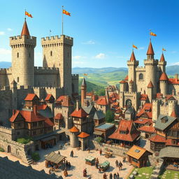 A sprawling medieval castle city depicted with detailed structures and bustling medieval life