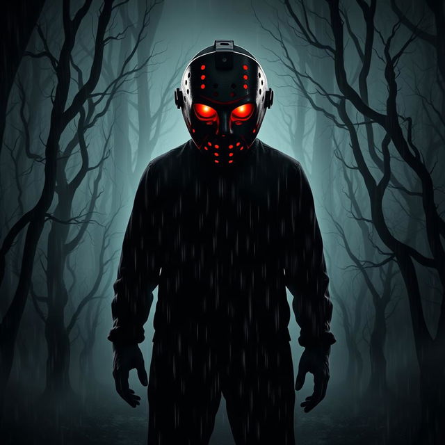 A terrifying poster for a scary movie featuring a creepy maniac standing in a sinister forest, engulfed in fog