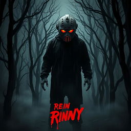 A terrifying poster for a scary movie featuring a creepy maniac standing in a sinister forest, engulfed in fog